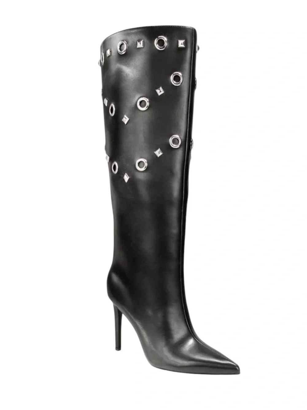 Black Knee-High Stiletto Boots with Silver Eyelet Detail